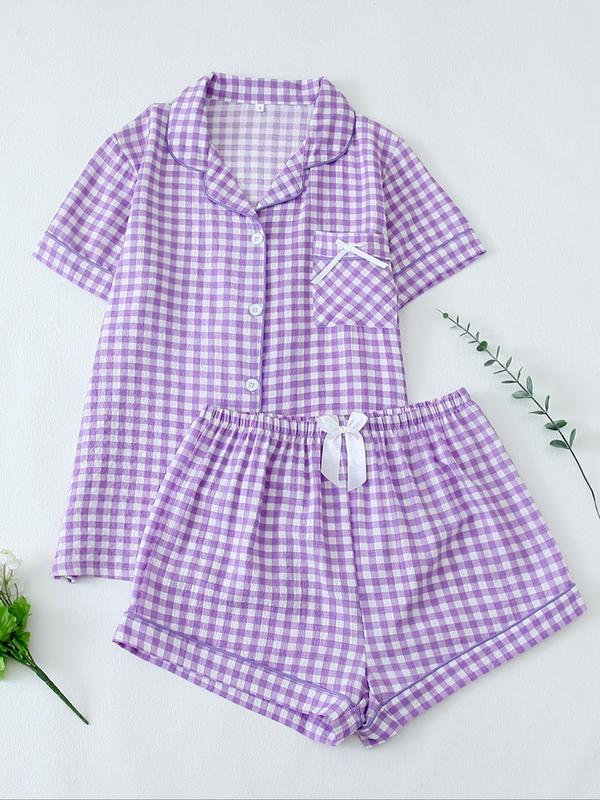 Two-Piece Set Women's Plaid Print Lapel Neck Button Front Pajama, Short Sleeve Pocket Shirt & Bow Front Shorts PJ Set, Casual Comfy Sleepwear Set for Women