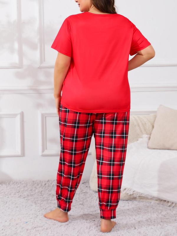  Two-piece Set Heart Print Short Sleeve Tee & Plaid Print Pants Pyjama, Casual Comfy Round Neck T-shirt & Trousers Pj Set, Women's Sleepwear for All Seasons