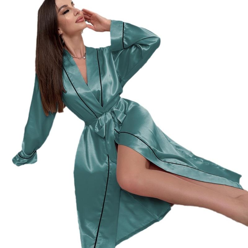 In Stock Long Ice Silk Robe Summer Thin Fashion Simple Homewear Lady Sexy Cardigan Bathrobe for Women