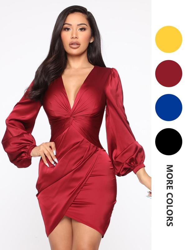 Women's Twist Wrap Deep V Neck Bodycon Dress, Elegant Bishop Sleeve Short Dress for Party Club Dating Wear, Birthday Dresses 2024, Women's Clothing for Spring & Fall