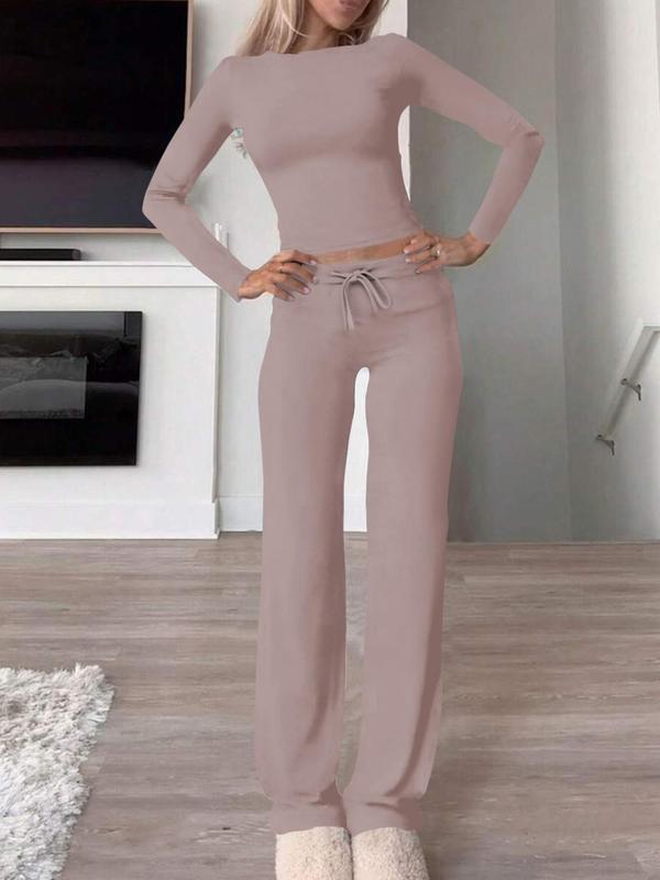 Women's Solid Ribbed Drawstring Lounge Set, Casual Comfy Long Sleeve Top & Pants Set for Fall & Winter, Women's Sleepwear for Indoor Wear