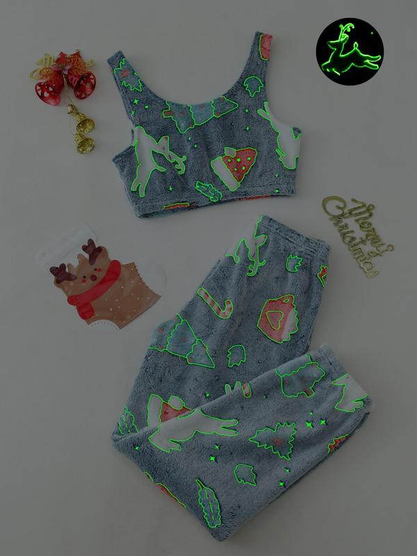 Women's Glow in The Dark Heart & Star Flannel Halloween Pajamas Set, Fluffy Pajamas, Round Neck Sleeveless Crop Tank Top & Elastic Waist Pants Pjs Set, Women's Sleepwear, Fall Cute Wear, Pajama Pants at Gym