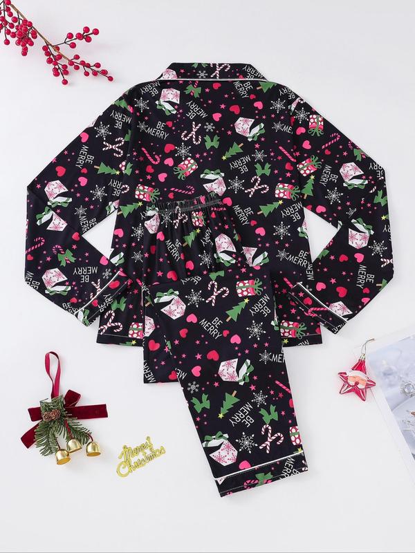 Two-piece Set Women's All Over Christmas Cartoon Print Button Front Pocket Shirt & Elastic Waist Pants Pajama Set, Casual Long Sleeve Lapel Neck Top & Elastic Waist Trousers Pj Set, Ladies Sleepwear for Spring & Fall