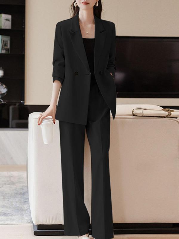 Women's Solid Double Button Lapel Neck Blazer & Pocket Pants Two-piece Set, Elegant Fashion Casual Outfits for Work Office Business, Ladies Fall & Winter Clothes