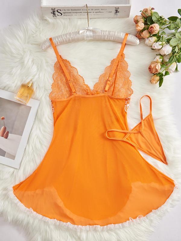 Women's Contrast Lace Bow Decor Cami Nightdress & Panty Two-Piece Set, Solid Color Deep V Neck Nightgown & Panty, Ladies Sleepwear for All Seasons