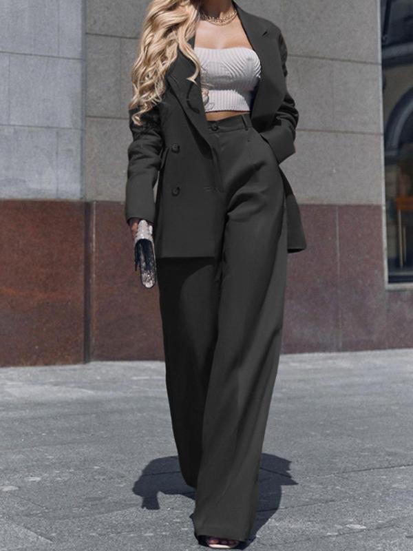 Women's Solid Double Button Lapel Neck Blazer & Wide Leg Pants Two-piece Set, Elegant Fashion Casual Long Sleeve Outerwear & Pocket High Waist Trousers for Daily Outdoor Wear, Women's Clothing for Spring & Fall