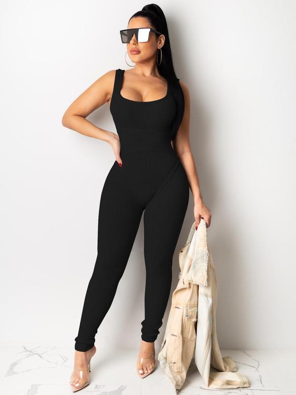 Women's Solid Backless Scoop Neck Skinny Jumpsuit, Summer Clothes Women, Casual Basic Sleeveless Jumpsuit for Daily Wear, Women's Clothing for Summer