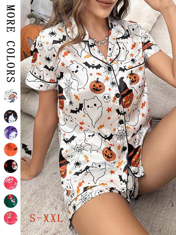 Women's Cartoon Pumpkin and Ghost Print Pocket Shirt & Shorts Christmas Theme Satin Pyjama Two-piece Set, Casual Comfy Short Sleeve Halloween Button Front Top & Shorts Pj Set, Ladies Sleepwear for Fall Back To School, Halloween Costumes