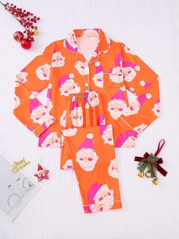 Two-piece Set Women's All Over Christmas Cartoon Print Button Front Pocket Shirt & Elastic Waist Pants Pajama Set, Casual Long Sleeve Lapel Neck Top & Elastic Waist Trousers Pj Set, Ladies Sleepwear for Spring & Fall