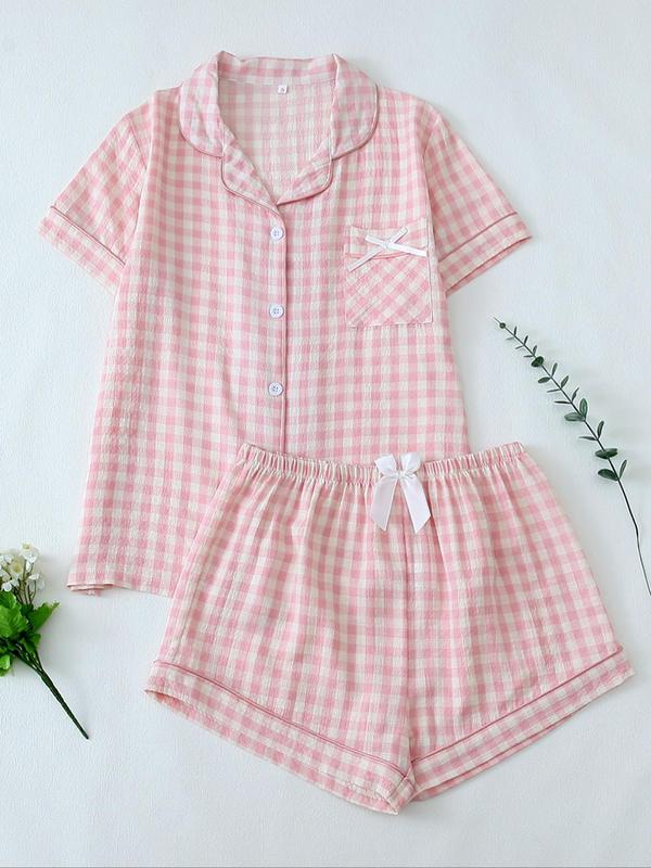 Two-Piece Set Women's Plaid Print Lapel Neck Button Front Pajama, Short Sleeve Pocket Shirt & Bow Front Shorts PJ Set, Casual Comfy Sleepwear Set for Women