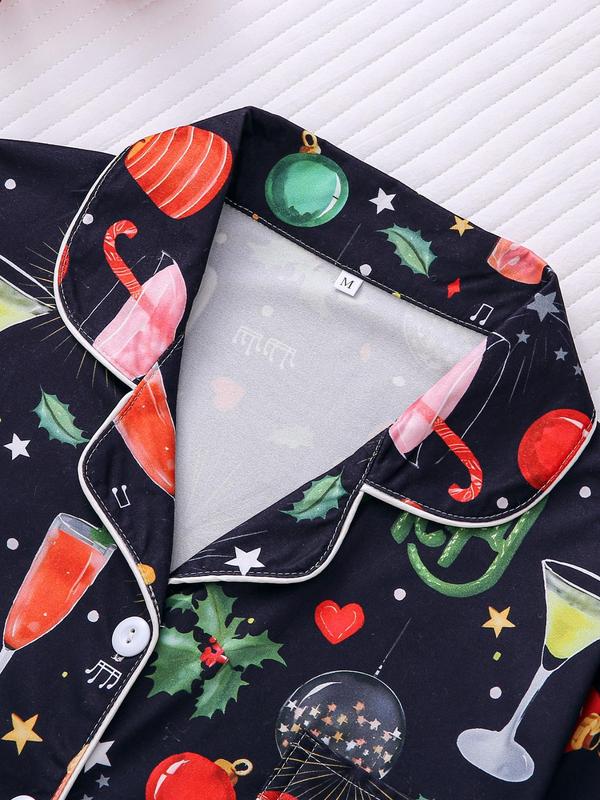 Two-piece Set Women's All Over Christmas Cartoon Print Button Front Pocket Shirt & Elastic Waist Pants Pajama Set, Casual Long Sleeve Lapel Neck Top & Elastic Waist Trousers Pj Set, Ladies Sleepwear for Spring & Fall