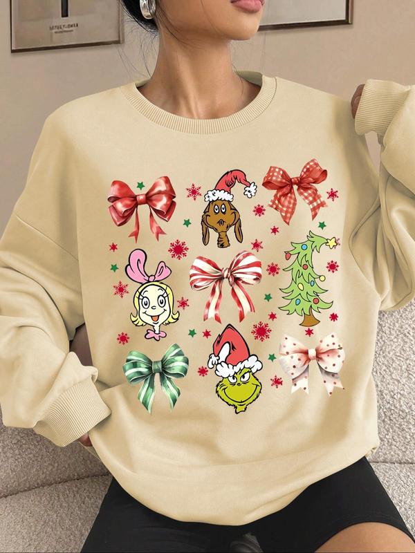 Women's Cartoon Christmas Print Crew Neck Sweatshirt, Casual Drop Shoulder Long Sleeve Pullover, Women's Fall & Winter Clothes for Daily Wear