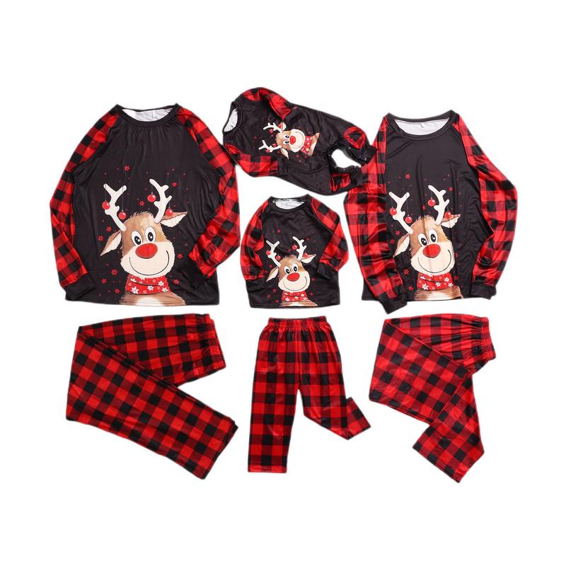 Matching Christmas Pajamas For Family Deer Plaid Print Pajamas Round Neck Parent-child Clothing