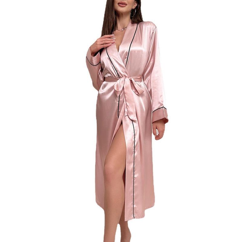 In Stock Long Ice Silk Robe Summer Thin Fashion Simple Homewear Lady Sexy Cardigan Bathrobe for Women