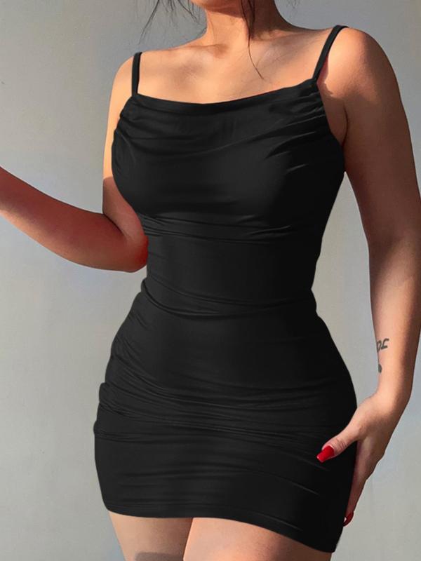 Women's Solid Backless Ruched Bodycon Dress, Fashion Casual Spaghetti Strap Cami Dress for Daily Outdoor Wear, Dresses for Women, Ladies Clothes for All Seasons, Black Girl Outfits, 90s Clothes