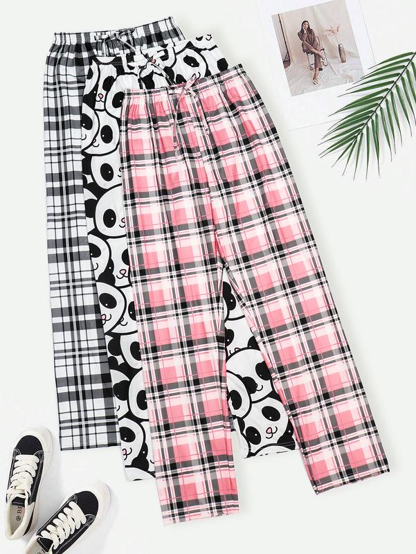 3 PCS Set Per Pack Women's Soft Drawstring Elastic Waist Loose Cute Heart Plaid Knit Causal Sleeping Pajamas Trousers Red PJ Pants Bottom For Summer Fall Comfort Loungewear  Fabric Casual Floral Pajama Set pantalón  pijama matching pants loungewear pjs