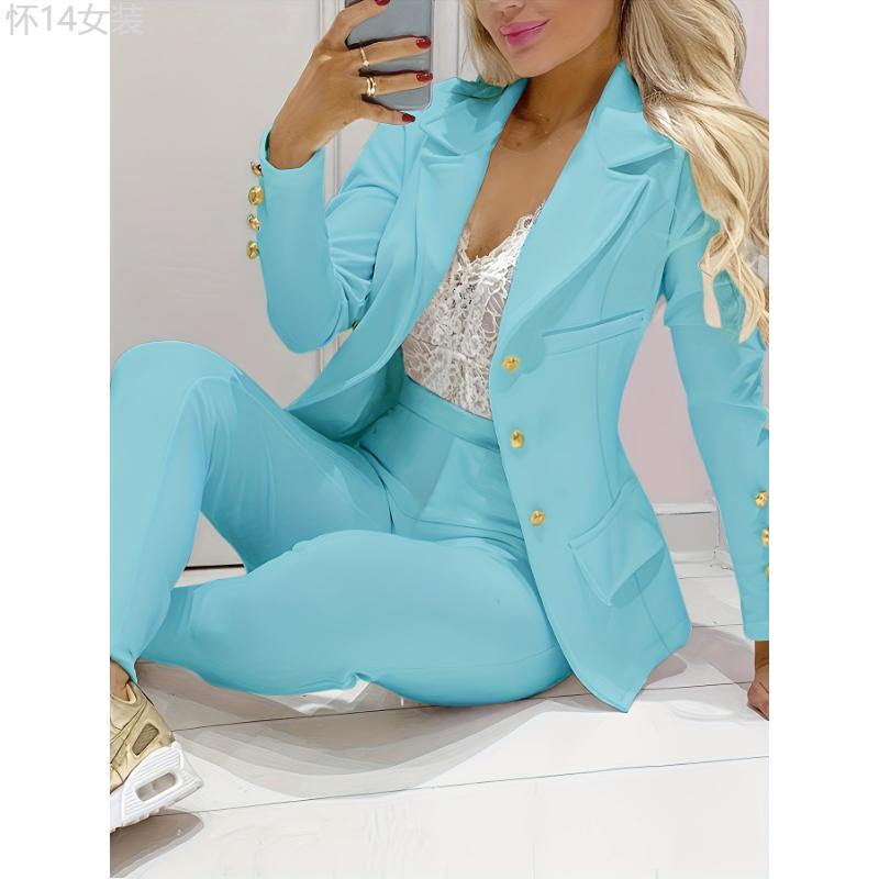 Two-piece Set, Double-breasted Blazer & Slim Pants, Business Casual Women's Clothing Outfits Sleeve Suit