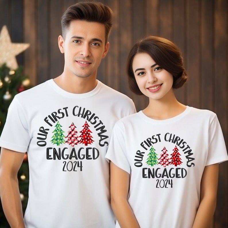 Couples Christmas Pajamas,  Xmas Couples Engaged Shirts, Xmas Couple First Christmas Pajamas, His and Hers Matching Engaged Xmas Shirts Christmas Gifts.