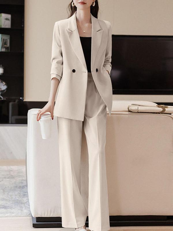 Women's Solid Double Button Lapel Neck Blazer & Pocket Pants Two-piece Set, Elegant Fashion Casual Outfits for Work Office Business, Ladies Fall & Winter Clothes