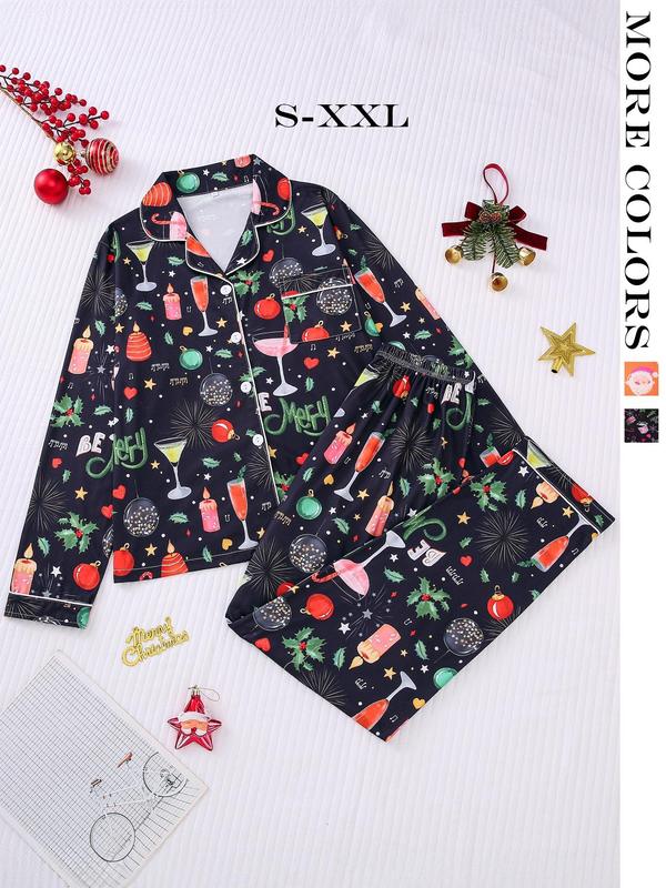 Two-piece Set Women's All Over Christmas Cartoon Print Button Front Pocket Shirt & Elastic Waist Pants Pajama Set, Casual Long Sleeve Lapel Neck Top & Elastic Waist Trousers Pj Set, Ladies Sleepwear for Spring & Fall