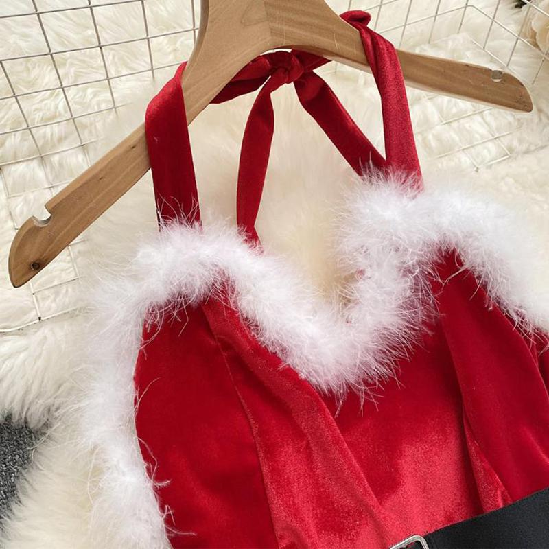 Women's Christmas Cosplay Costume Lingerie Rompers Plush Trim Christmas Party Cosplay Jumpsuits Playsuits