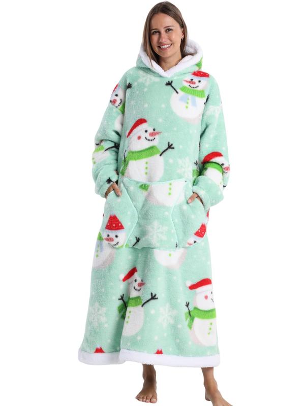 Women's Christmas Themed Print Drop Shoulder Flannel Hooded Dressing Gown, Casual Comfy Long Sleeve Pocket Thermal Lined Hooded Nightgown for Fall & Winter, Women's Sleepwear for Indoor Wear