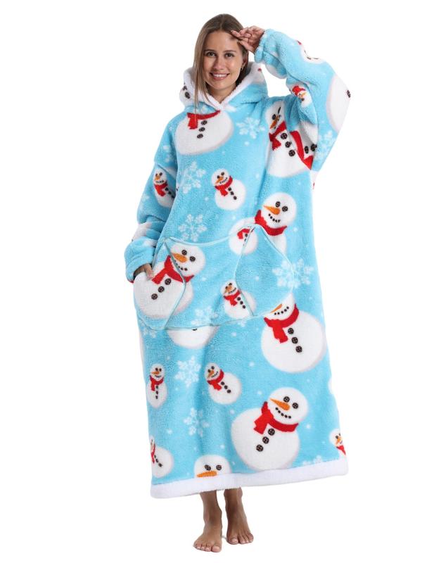 Women's Christmas Themed Print Drop Shoulder Flannel Hooded Dressing Gown, Casual Comfy Long Sleeve Pocket Thermal Lined Hooded Nightgown for Fall & Winter, Women's Sleepwear for Indoor Wear