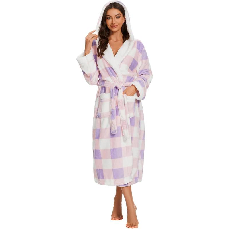 Plush Robes for Women, Womens Robe Long, Fuzzy Fluffy Soft Warm Fleece Hooded Bathrobe