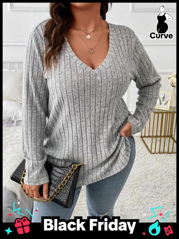  Solid V Neck Long Sleeve Tee, Casual Basic T-shirt for Fall & Winter, Women's Clothing for Daily Wear, 2000s Vintage Tops, Winter Clothes Women, Fall Clothing Women, Plus Size Clothing,