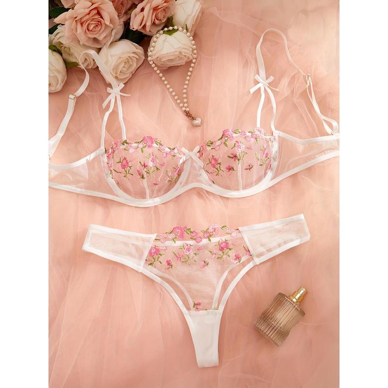 Sexy Floral Embroidery Lingerie Set - Women's Mesh Unlined Bra and Panty, Delicate Underwear for Romantic Nights - Soft, Breathable, and Comfortable