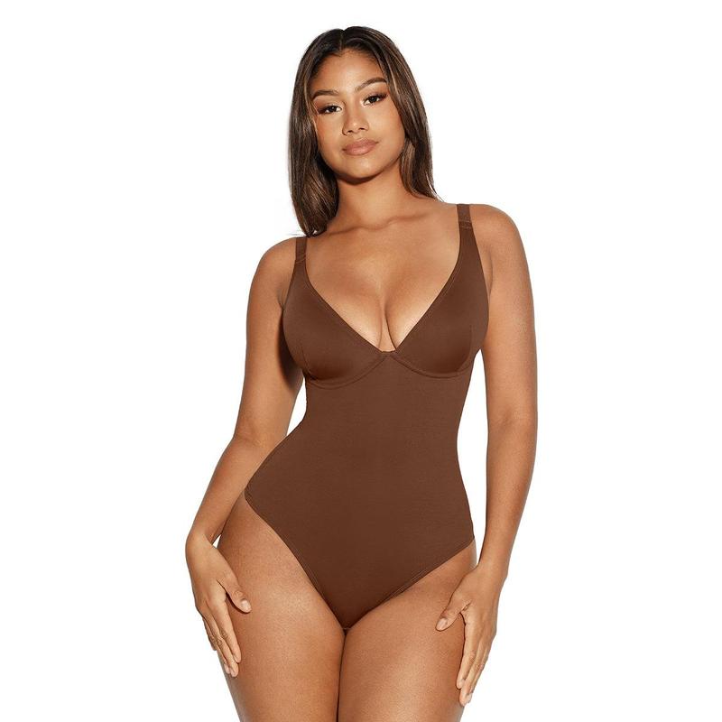 FeelinGirl Women V Neck Bodysuit Thong Tummy Control Shapewear Basic Fabric Fashion Womenswear