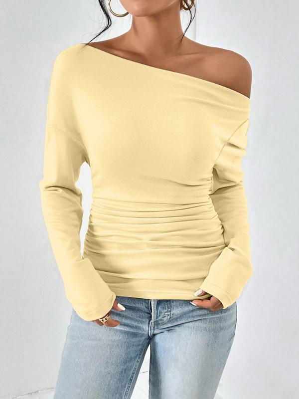 Women's Ruched One Shoulder Tee, Casual Drop Shoulder Long Sleeve T-shirt, Fall T Shirts for Women, Women's T Shirts, Women's Top for Dating Daily Wear