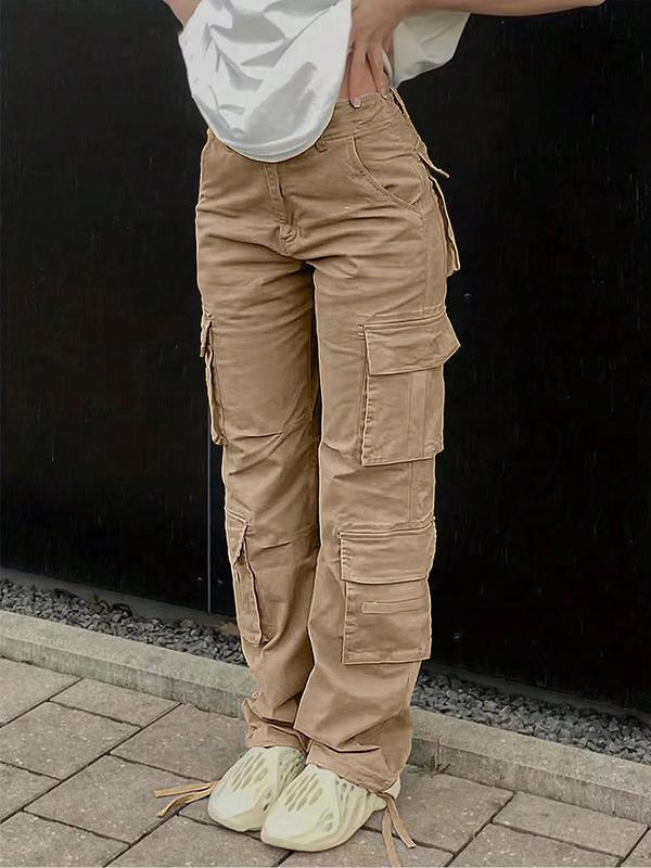 Women's Plain Drawstring Waist Pocket Cargo Pants, Casual Streetwear Pocket Trousers, Pants for Women, Ladies Summer Bottoms for Daily Wear, Downtown Girl Clothes