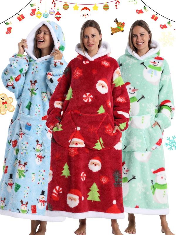 Women's Christmas Themed Print Drop Shoulder Flannel Hooded Dressing Gown, Casual Comfy Long Sleeve Pocket Thermal Lined Hooded Nightgown for Fall & Winter, Women's Sleepwear for Indoor Wear