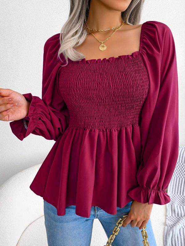  Women's Shirred Square Neck Chiffon Blouse, Chic Frill Trim Flounce Sleeve Peplum Top 2024 Fall, Back To School Going Out Tops, Comfort Ruffled Womenswear, Casual Outftit Ideas, Fall Outfits, Fallfreshness