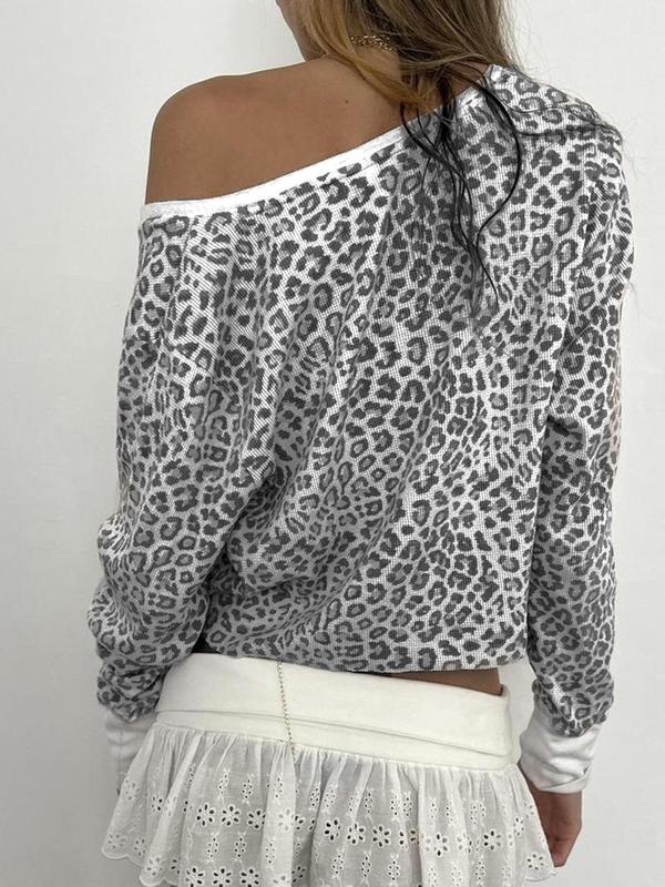 Women's Leopard Print Button Front Tee, Y2K V Neck Long Sleeve T-Shirt for Fall & Winter, Women's Clothes for Daily Wear