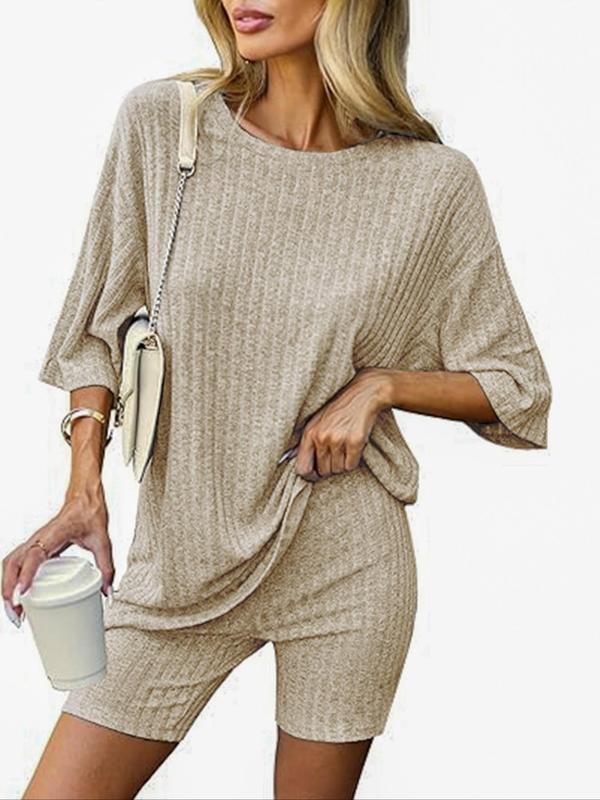 Women's Solid Loungewear Set, Casual Comfy Round Neck Half Sleeve T-Shirt & Modesty Shorts PJ Set, Ladies Sleepwear for All Seasons, Summer Wear 2024, 2 Piece Sets Women, PJ Sets for Women