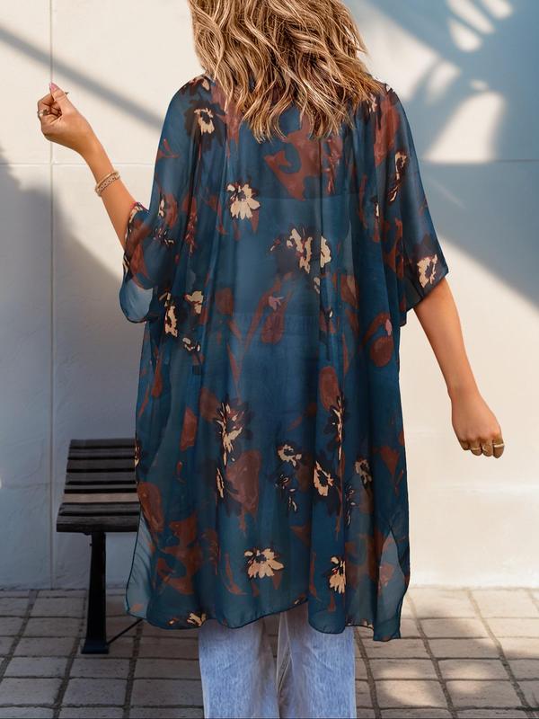 Plus Size Ethnic Pattern Asymmetrical Hem Kimono Cardigan, Boho Fashion Half Sleeve Open Front Outerwear for Summer, Women's Clothes for Daily Wear