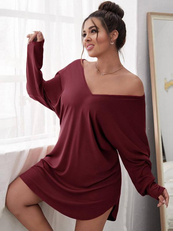 Plus Size Plain V Neck Drop Shoulder Nightdress, Casual Comfy Long Sleeve Nightgown for Women, Women's Sleepwear for Summer