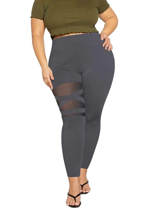  Contrast Mesh High Waist Leggings, Casual Comfy Breathable Skinny Pants for Women, Women's Bottoms for Fall & Winter