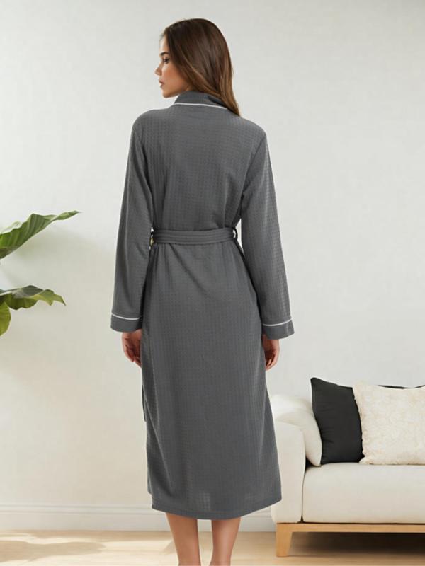 Women's Contrast Binding Belted Wrap Robe, Casual Long Sleeve Pocket Bathrobe, Ladies Sleepwear for All Seasons