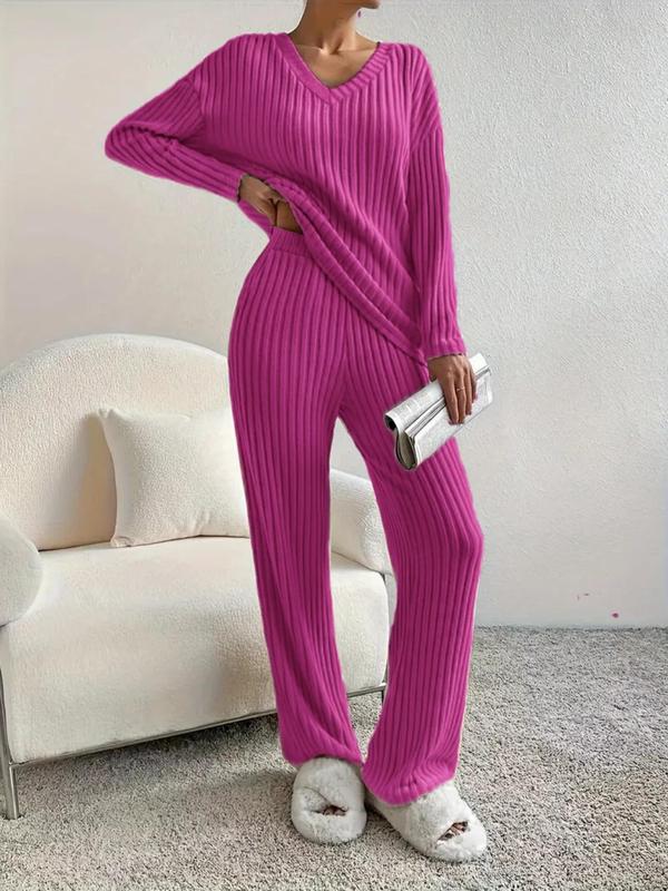 Women's Solid Ribbed Knit Loungewear Two-Piece Set, Casual Comfy Drop Shoulder Long Sleeve Top & Pants PJ Set, Ladies Sleepwear for Spring & Fall