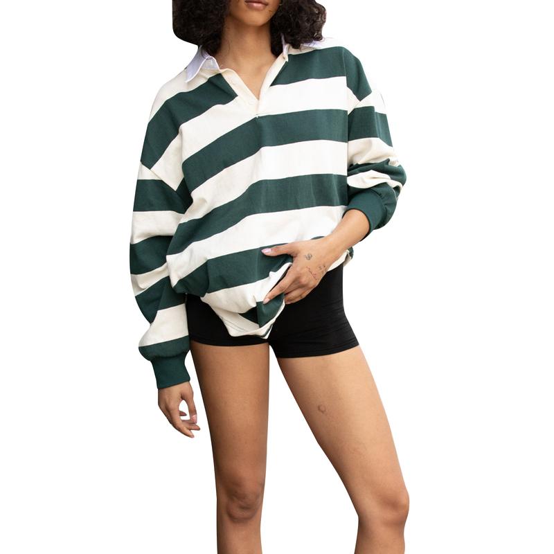 Women Rugby Polo Shirt Vintage Long Sleeve Oversized Striped Shirt Y2k Lapel Collar Pullover Crop Top 90s Streetwear