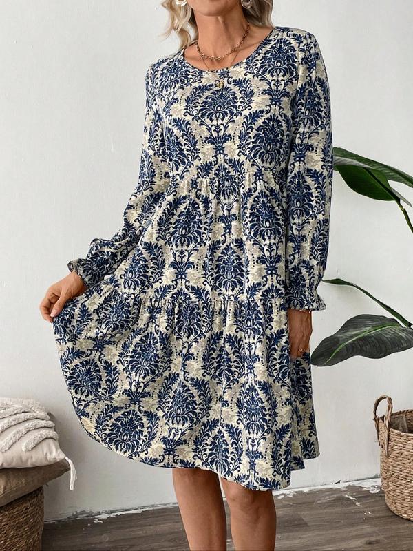 Women's Floral Print Ruffle Hem Smock Dress, Boho Fashion Long Sleeve Round Neck Knee Length Dress for Daily Holiday Vacation Wear, Ladies Dress for All Seasons