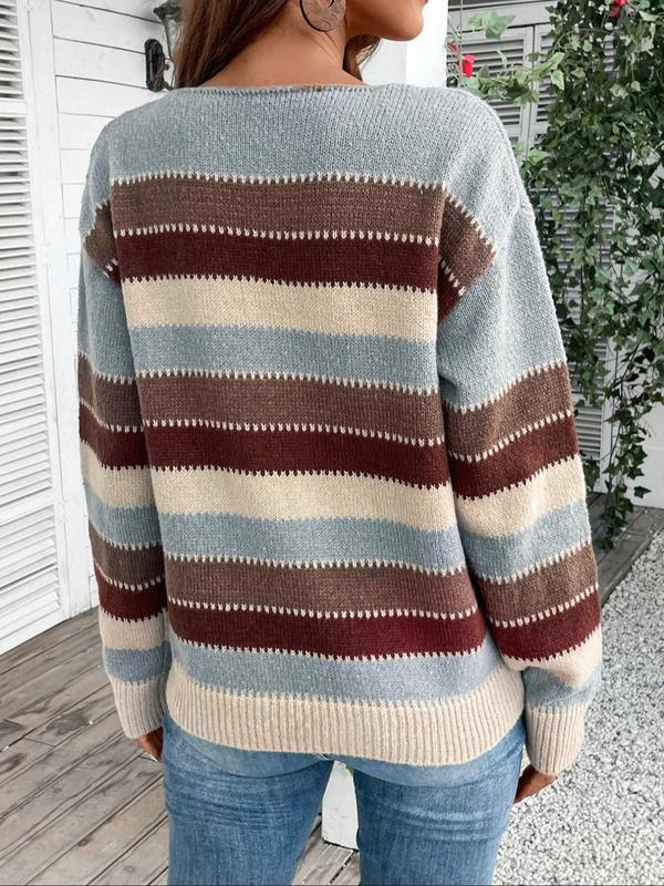 Women's Colorblock Striped Print Drop Shoulder Sweater, Casual Long Sleeve Round Neck Jumper for Fall & Winter, Fashion Ladies' Knitwear for Daily Wear