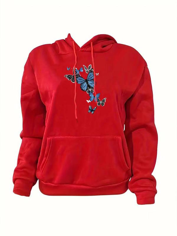 Women's Butterfly Print Drawstring Pocket Hoodie, Fashion Casual Long Sleeve Hooded Sweatshirt for Daily Holiday Outdoor Wear, Women Clothing for Fall & Winter