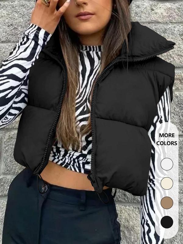 Women's Solid Drawstring Quilted Vest Coat, Casual Funnel Neck Sleeveless Outerwear for Fall & Winter, Women's Clothing for Daily Wear