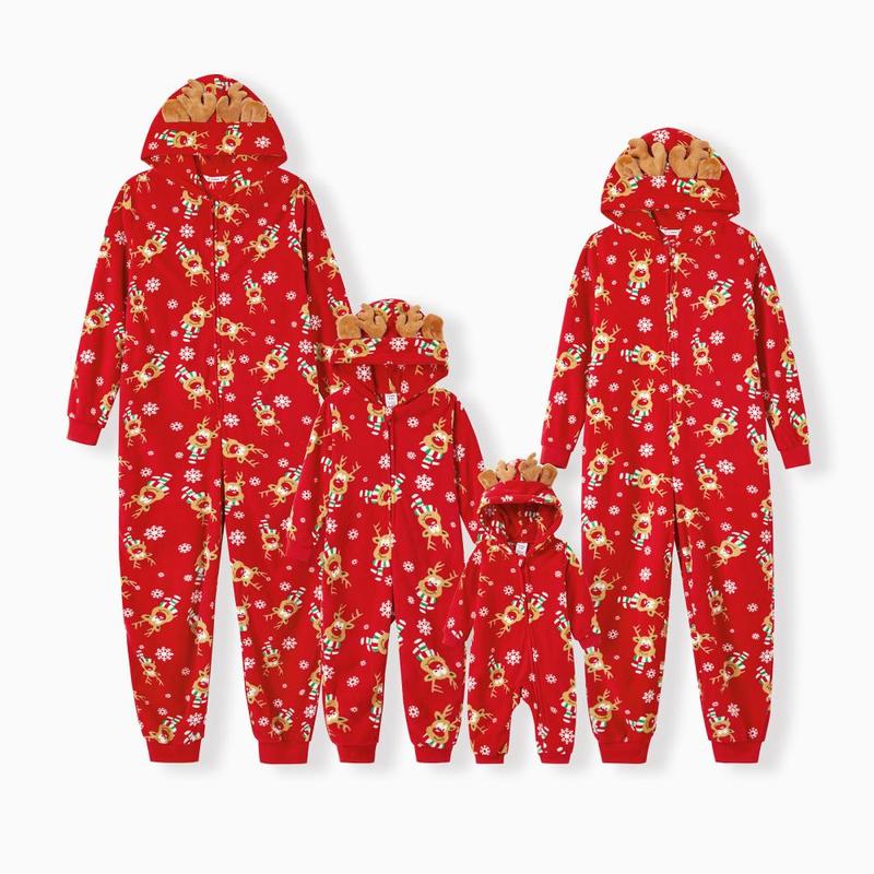 PatPat Christmas Family Matching Allover Deer Print 3D Antler Hooded Long-sleeve Red Thickened Polar Fleece Onesies Pajamas