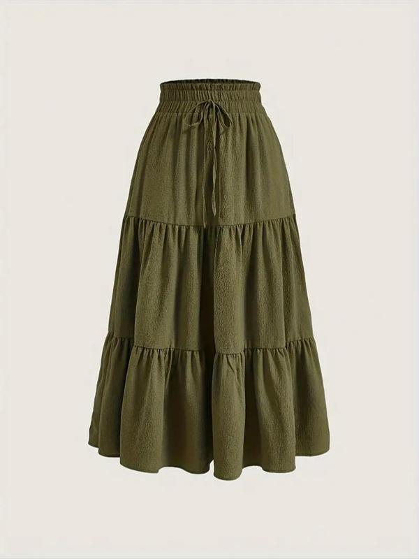 Plus Size Solid Ruffle Hem Drawstring Paper Bag Waist A Line Skirt, Casual Midi Skirt for Daily Holiday Vacation Wear, Women Plus Clothing for Summer, Fall Outfits 2024