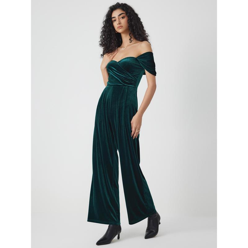 Cider [3 colors, Size 2-26] Velvet Off-shoulder Solid Ruched Jumpsuit